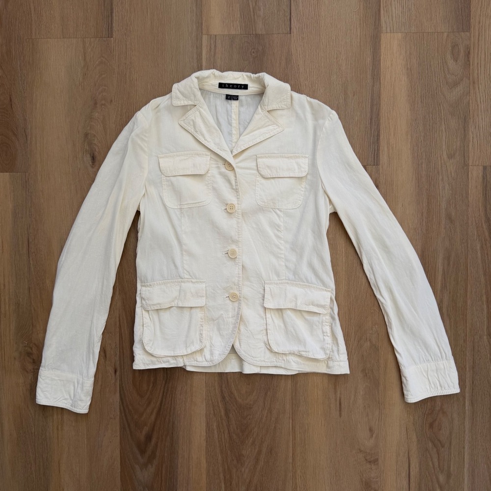 Theory cream Linen Blend 4-Pocket Utility Safari Blazer Jacket 2 preppy
